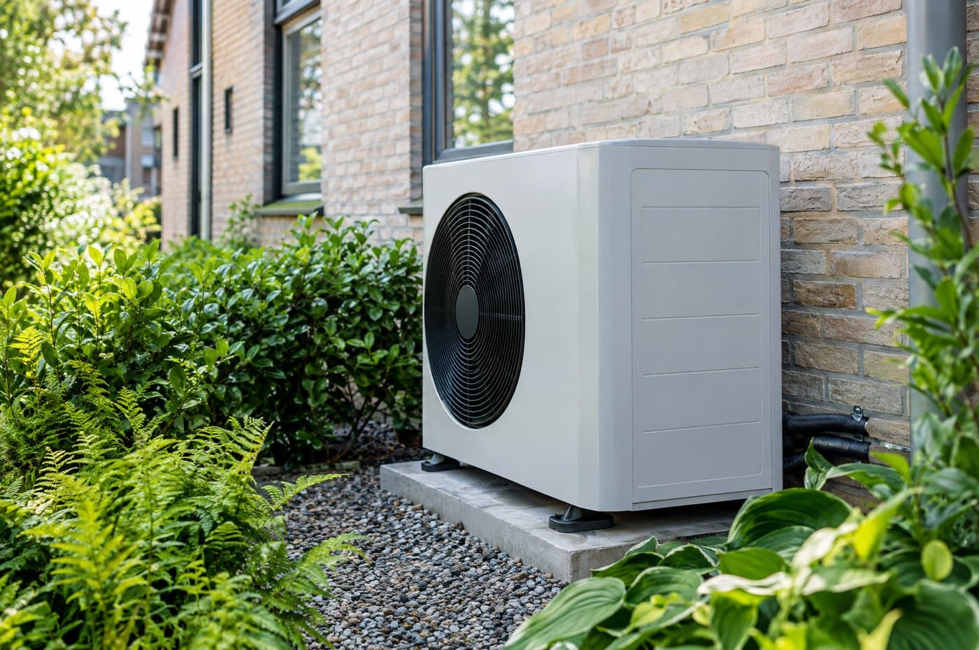 Witte warmtepomp buitenunit naast de bakstenen gevel van een Nederlandse woning